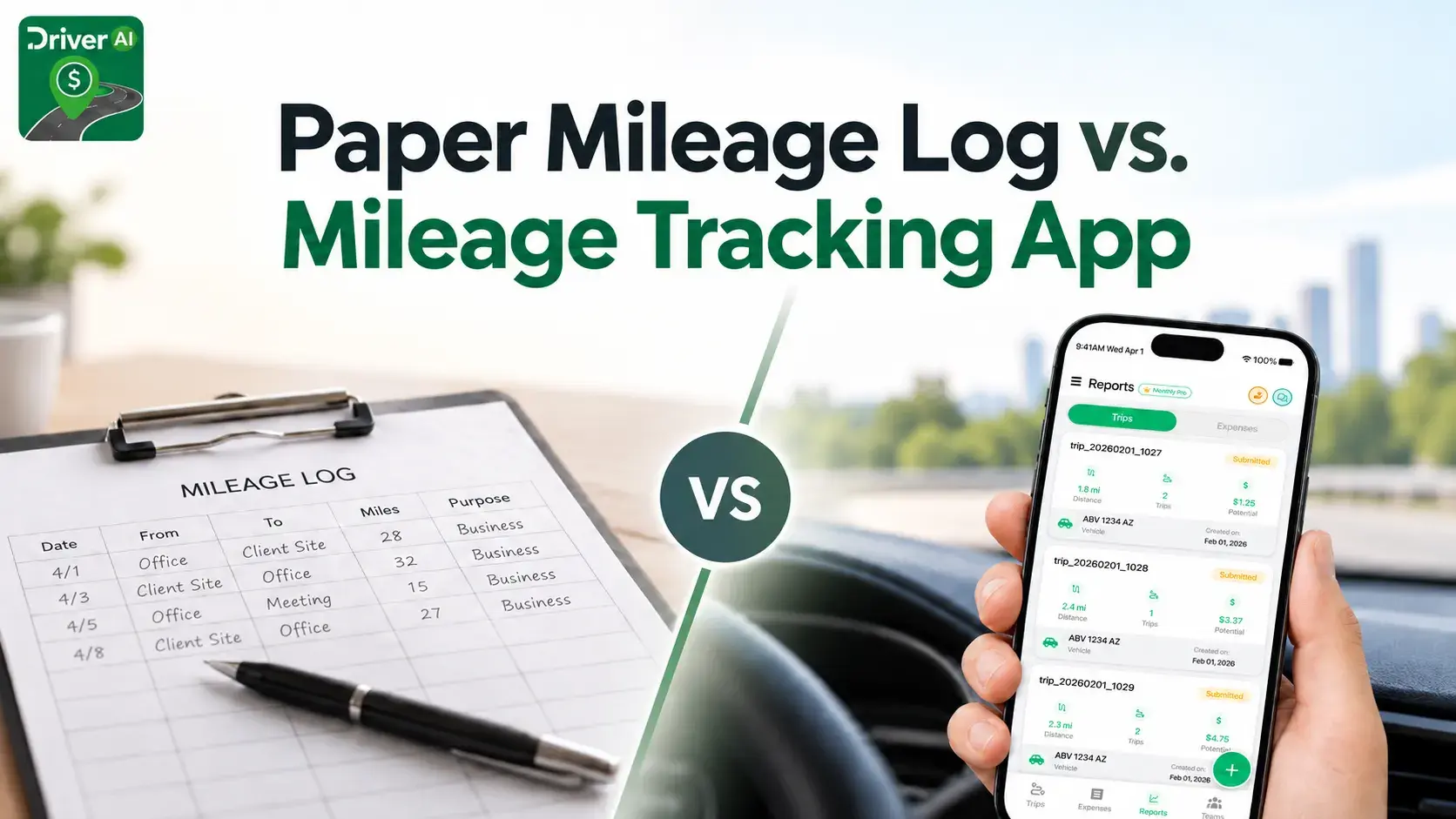Paper mileage log compared with a DriverAI mileage tracking app