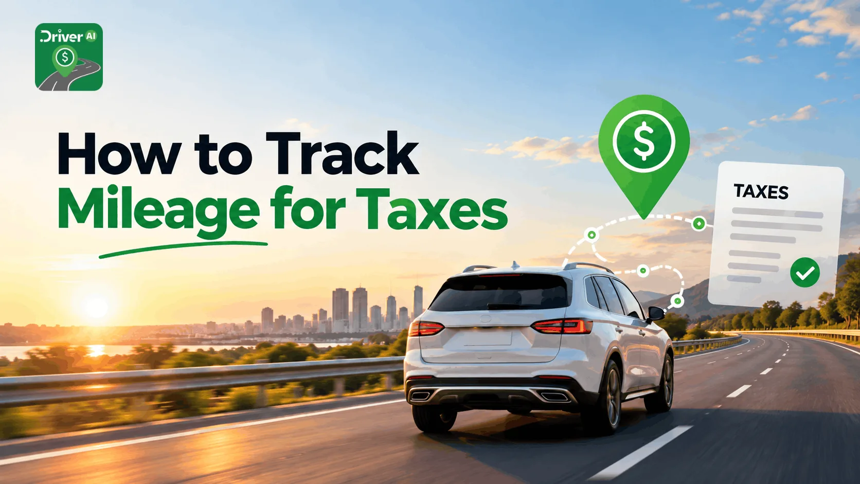 White SUV driving on a highway at sunrise with a GPS route leading to a completed tax document