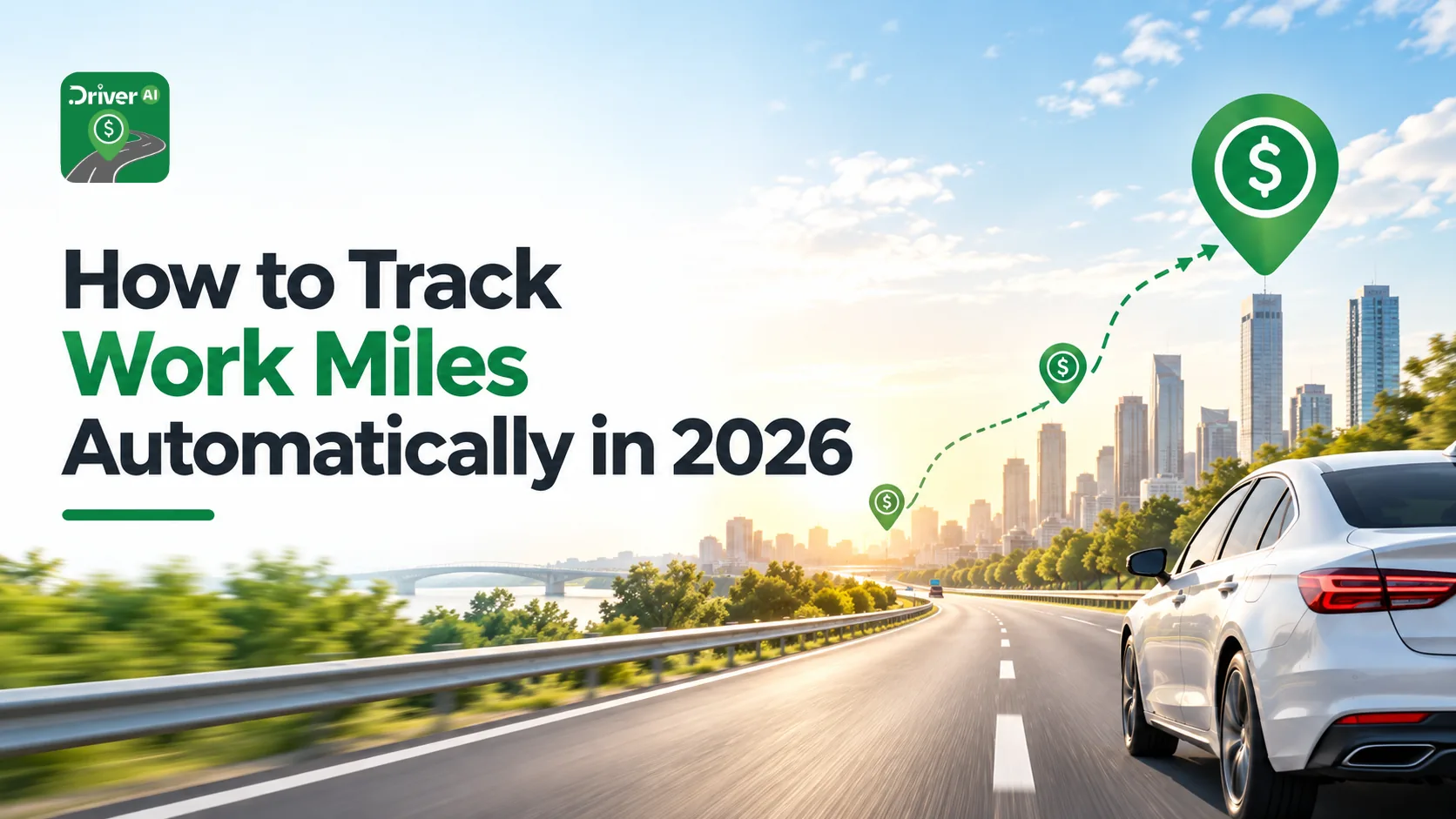 White car on a highway beside a city skyline with dollar location pins marking an automatically tracked route