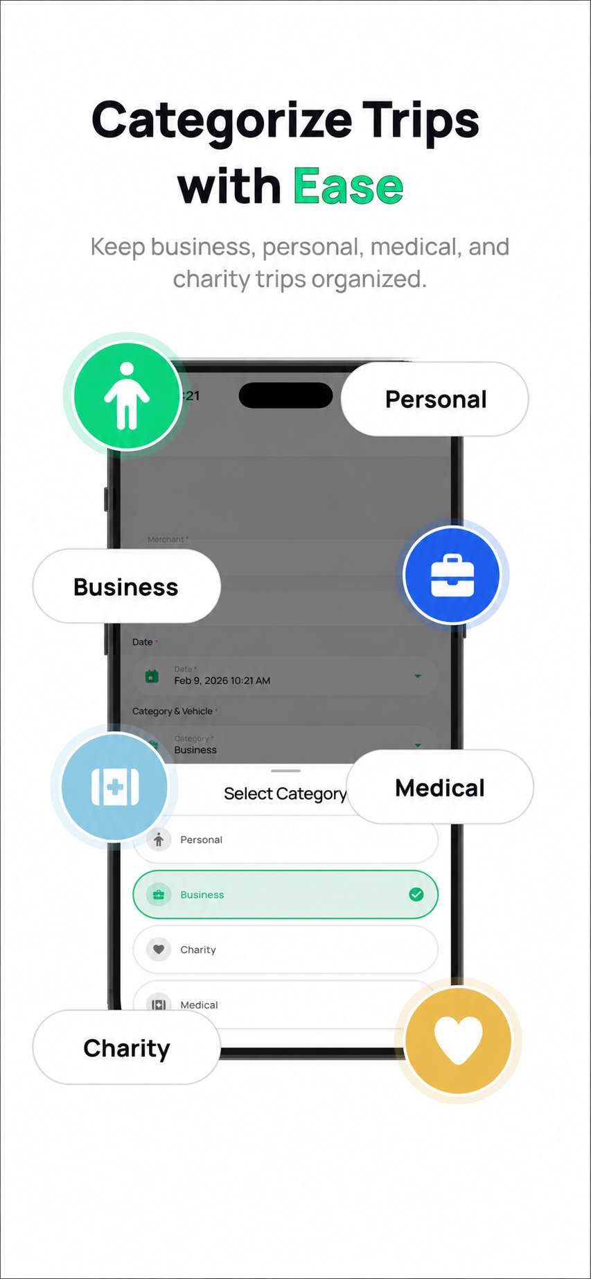 DriverAI trip category selection for business, personal, medical, and charity trips