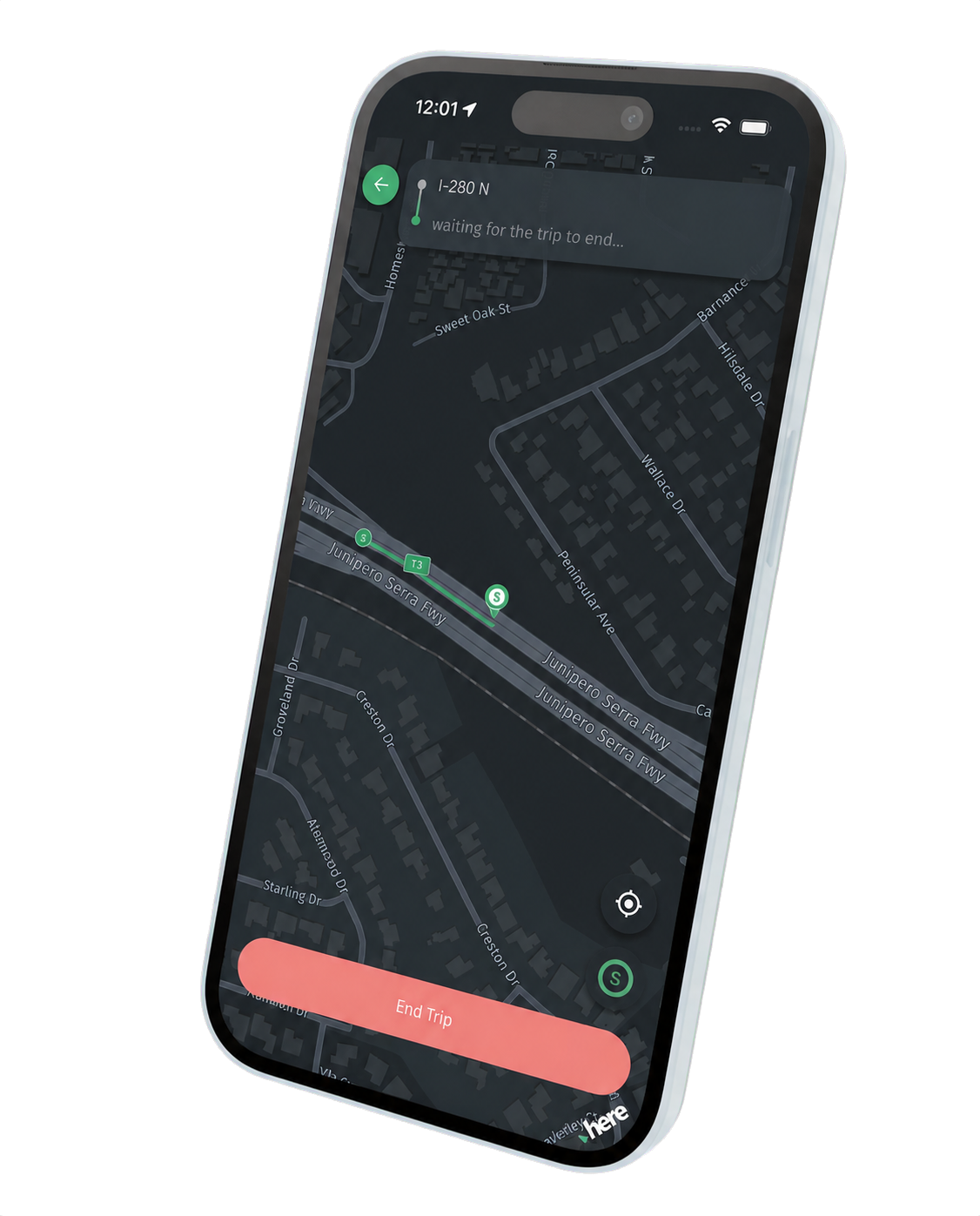 DriverAI automatically tracking a trip with live GPS in dark mode