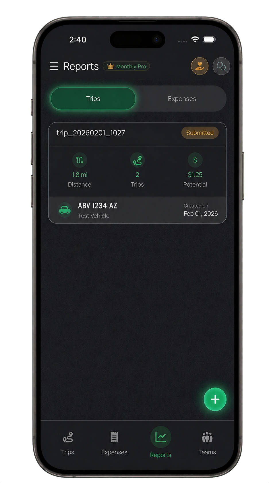 DriverAI mileage reports app preview in dark mode