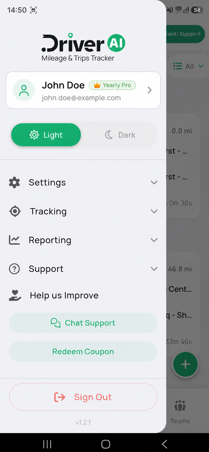 DriverAI profile menu for John Doe