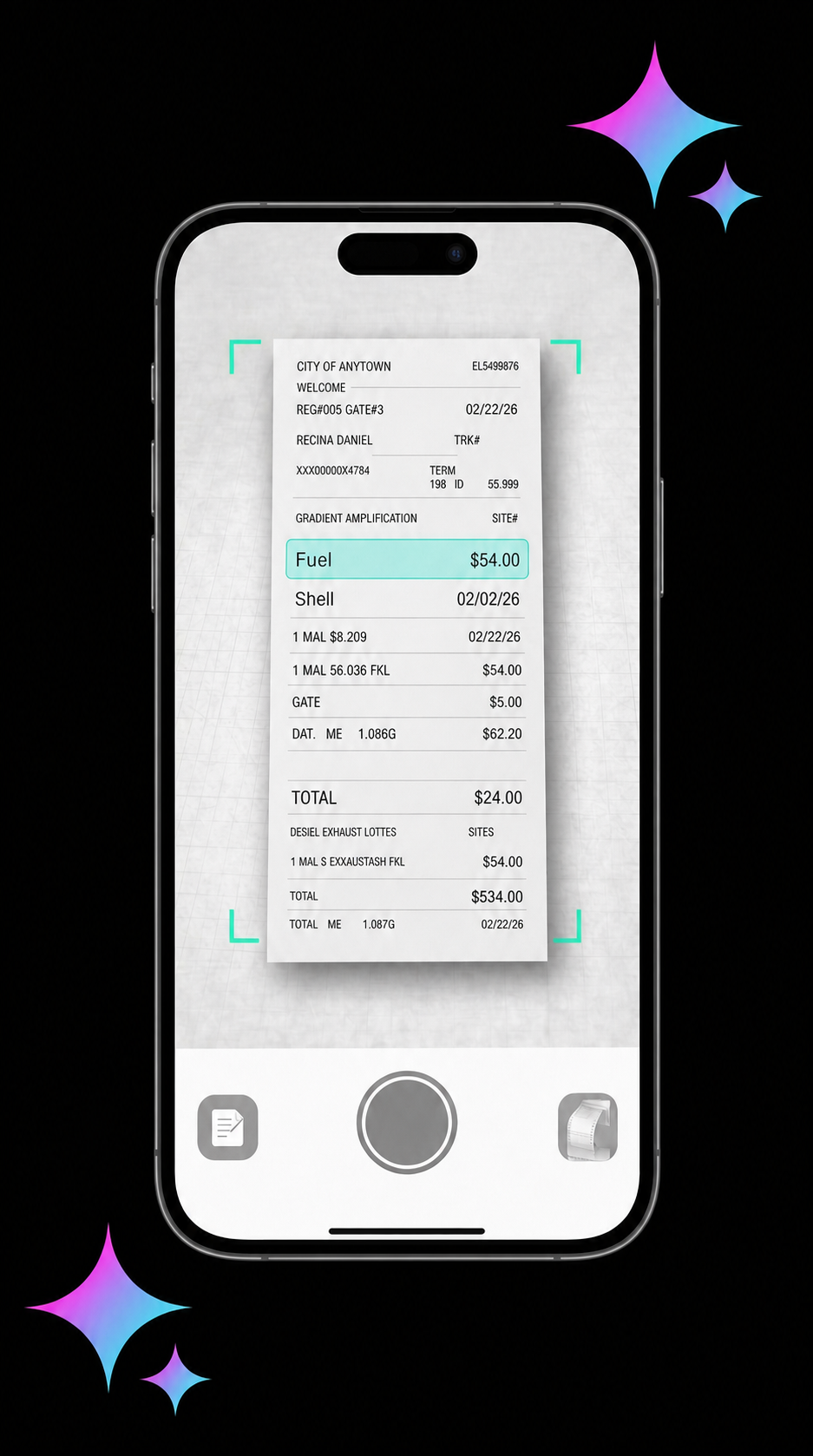 DriverAI receipt scanner extracting expense details in dark mode