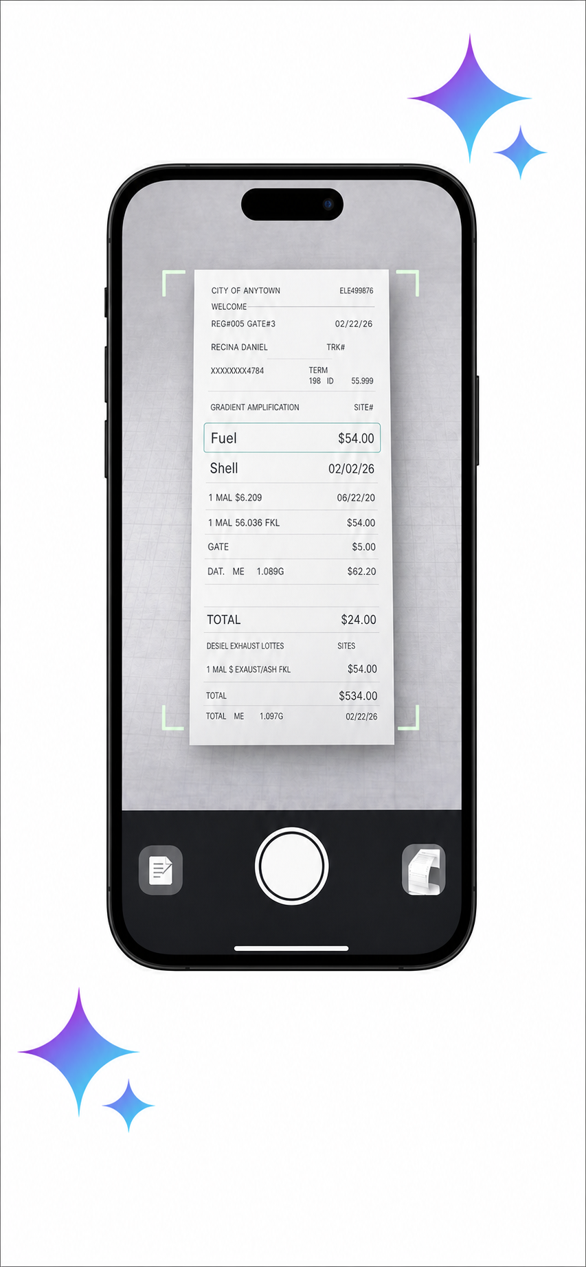 DriverAI receipt scanner extracting expense details on an iPhone