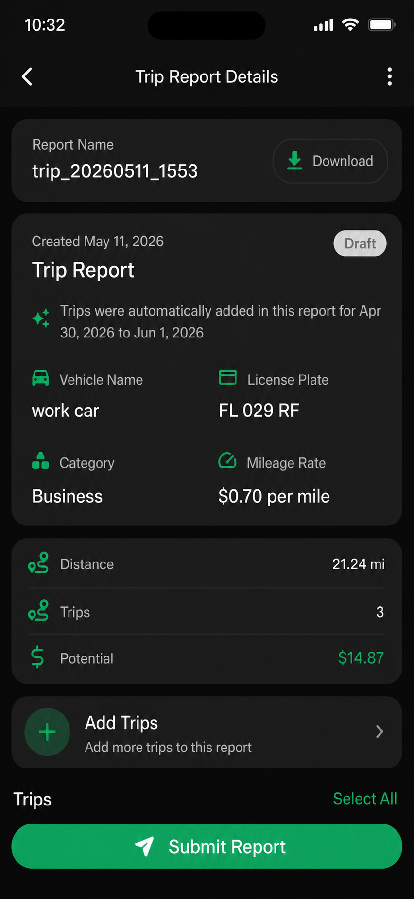 Professional Mileage Reports displayed on an iPhone in dark mode