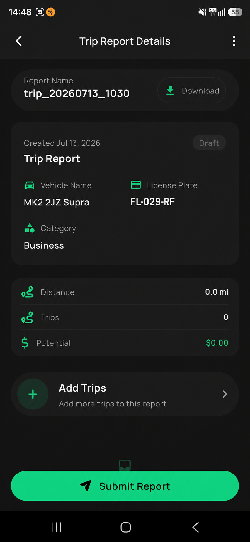 DriverAI Trip Report Details screen