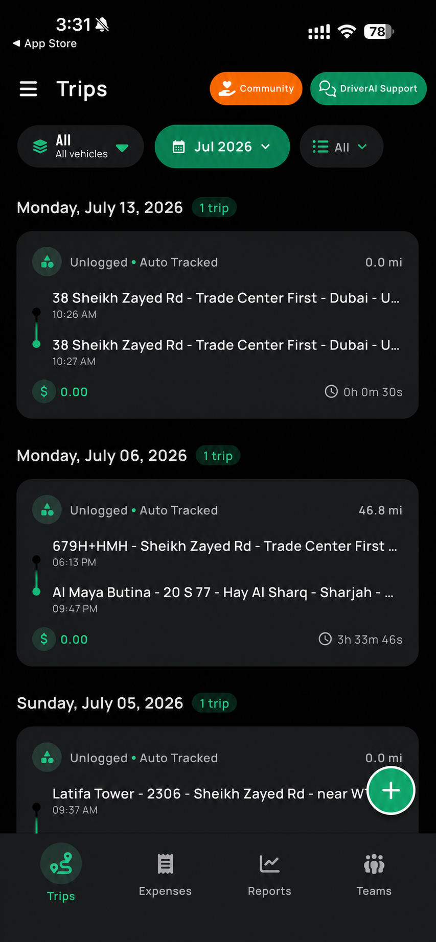 DriverAI dark-mode Trips screen displayed inside an iPhone
