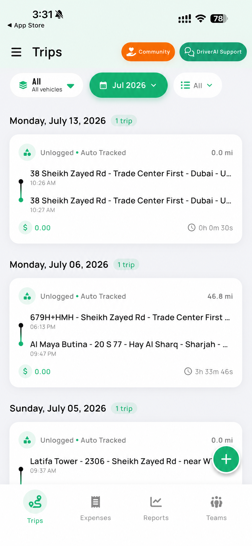 DriverAI Trips screen displayed inside an iPhone