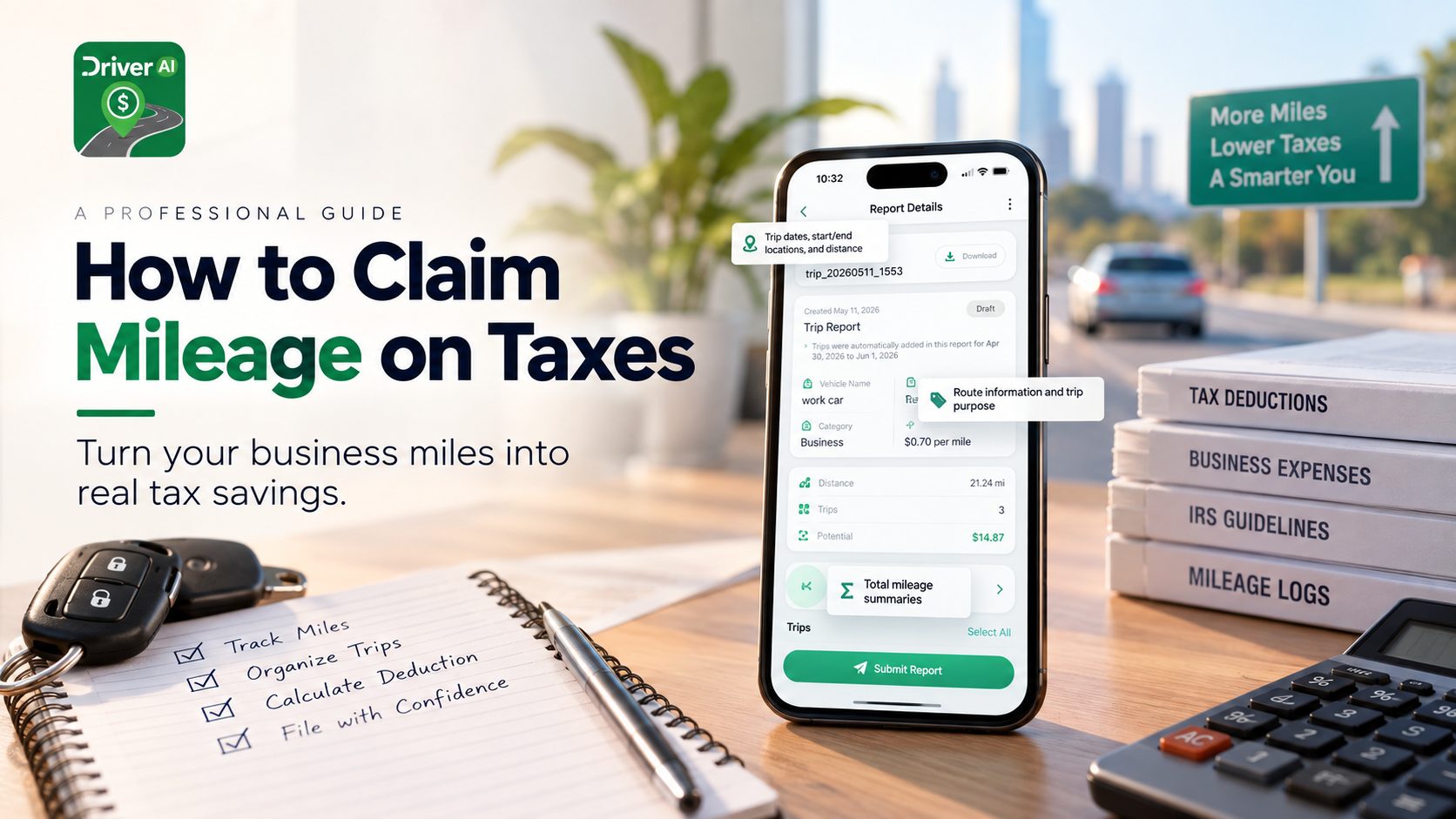 How to claim mileage on taxes — DriverAI app trip report on a desk with tax documents