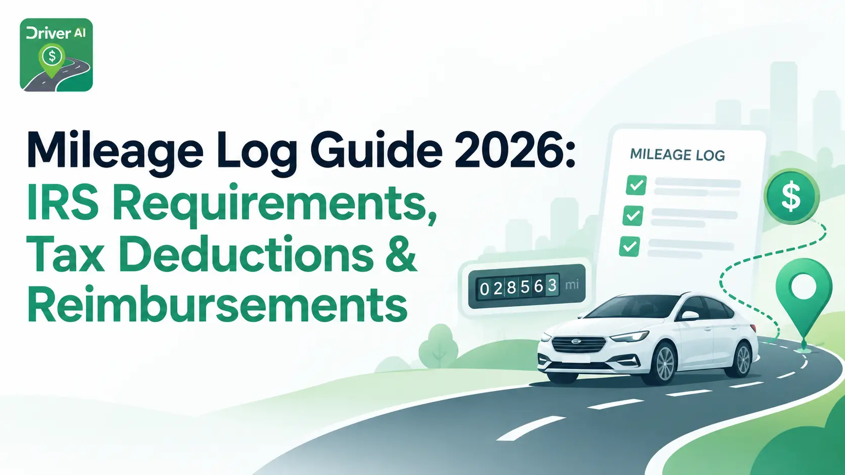 Mileage Log Guide 2026 — car, mileage checklist, odometer, and route illustration