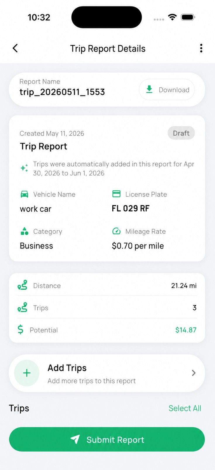 Professional Mileage Reports displayed on an iPhone